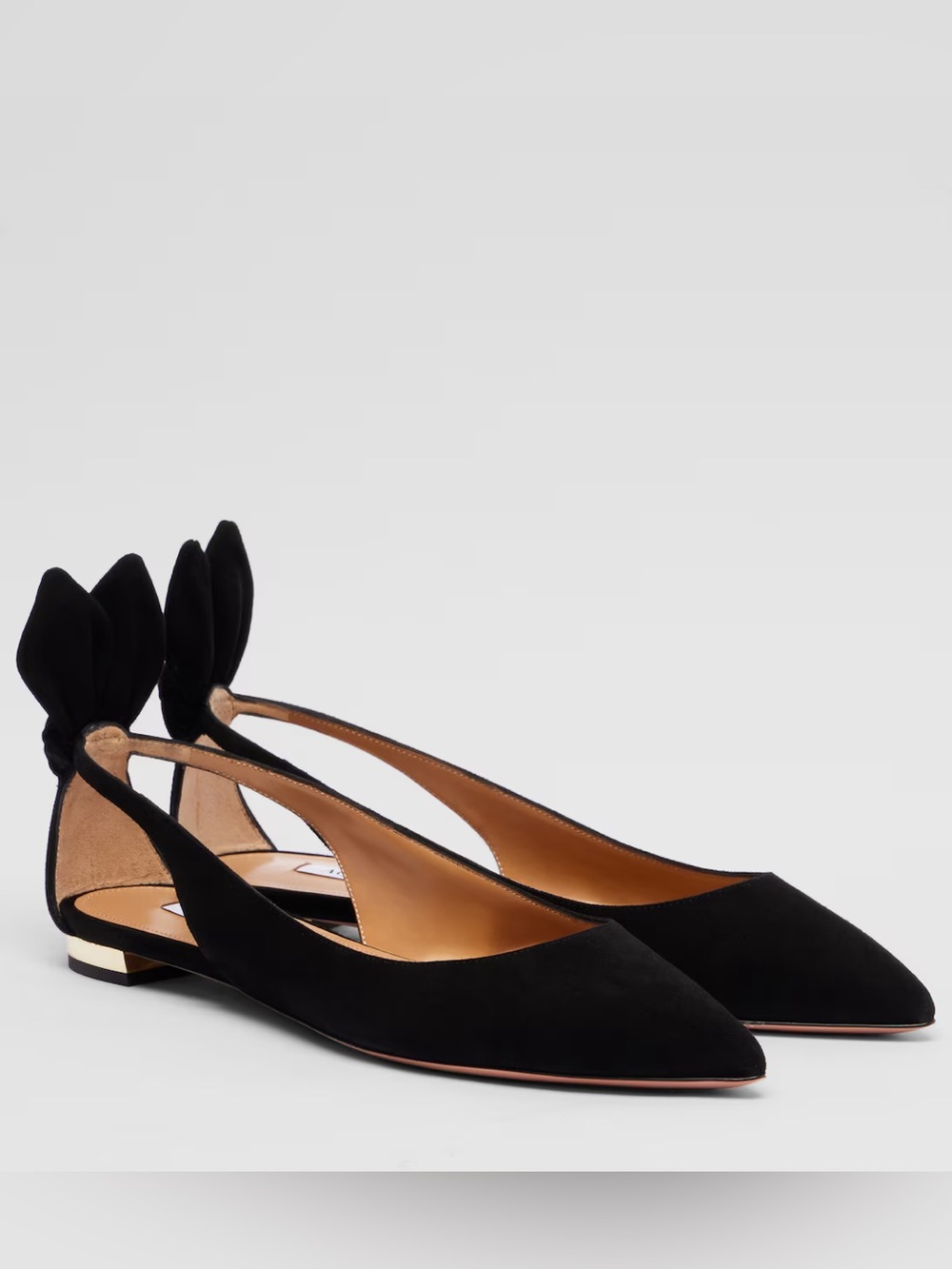 Aquazzura Black Suede Pointed Slingback Flats with Bow Detail